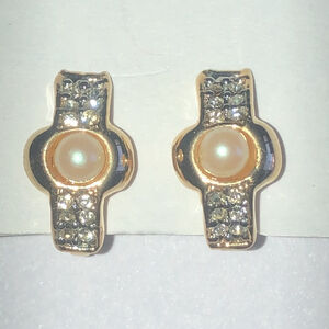 Vintage Gold Tone and Faux Pearl Dainty Clip On Earrings with Rhinestones